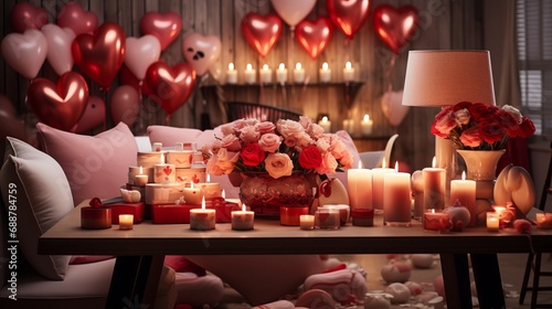 Cozy room interior decorated for Valentine day, table candles, balloon hearts on background