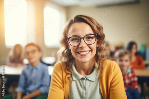 Portrait of smiling teacher woman in a class at elementary school, with students on blurred background