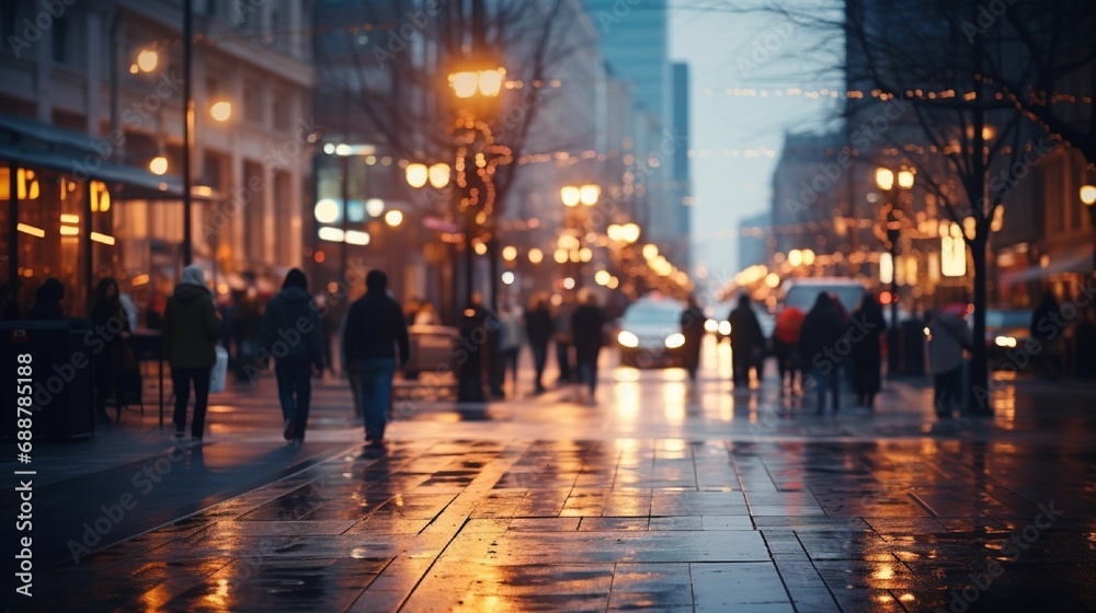 A high-resolution image of a bustling urban street at dusk, with blurred lights providing negative space suitable for advertisement messages.