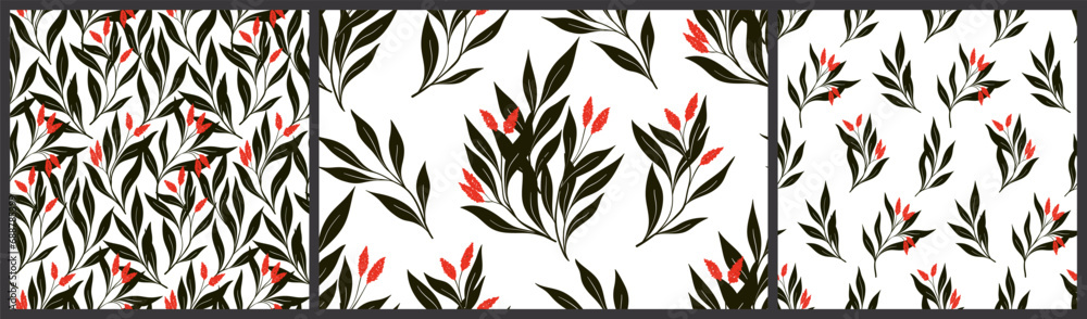 Fototapeta premium Seamless floral pattern, vintage abstract flower print in collection. Elegant botanical design: hand drawn branches with large black leaves, small red tassels of flowers on white. Vector illustration.