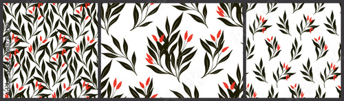 Seamless floral pattern, vintage abstract flower print in collection. Elegant botanical design: hand drawn branches with large black leaves, small red tassels of flowers on white. Vector illustration.