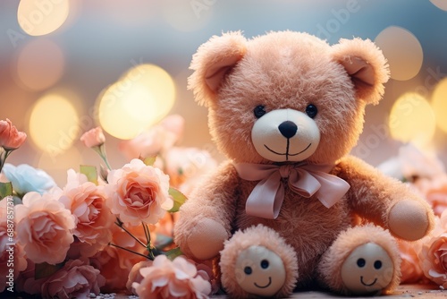 a teddy bear sits with blue flowers on a colorful background © Photo And Art Panda