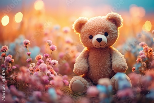 a teddy bear sits with blue flowers on a colorful background © Photo And Art Panda