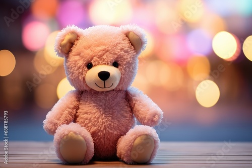 Teddy bear stands on a table in front of a colorful bokeh background © Photo And Art Panda