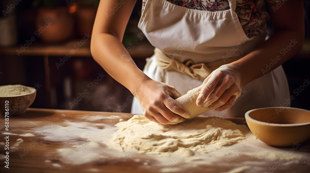 Artisan Baker Kneading Dough in Kitchen for Homemade Bread