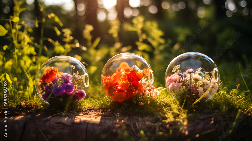 Glass Spheres with Vibrant Flowers on Mossy Forest Floor Glass Spheres with Vibrant Flowers on Mossy Forest Floor