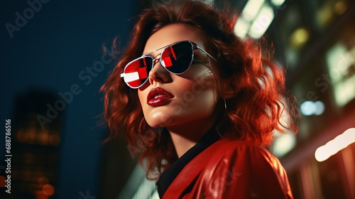 A modern and stylish woman with reflective sunglasses, set against a dynamic urban background with skyscrapers and city lights