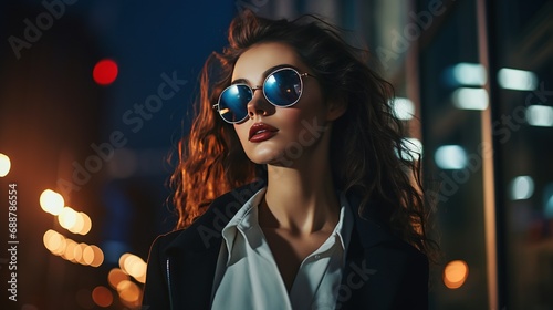 A modern and stylish woman with reflective sunglasses, set against a dynamic urban background with skyscrapers and city lights