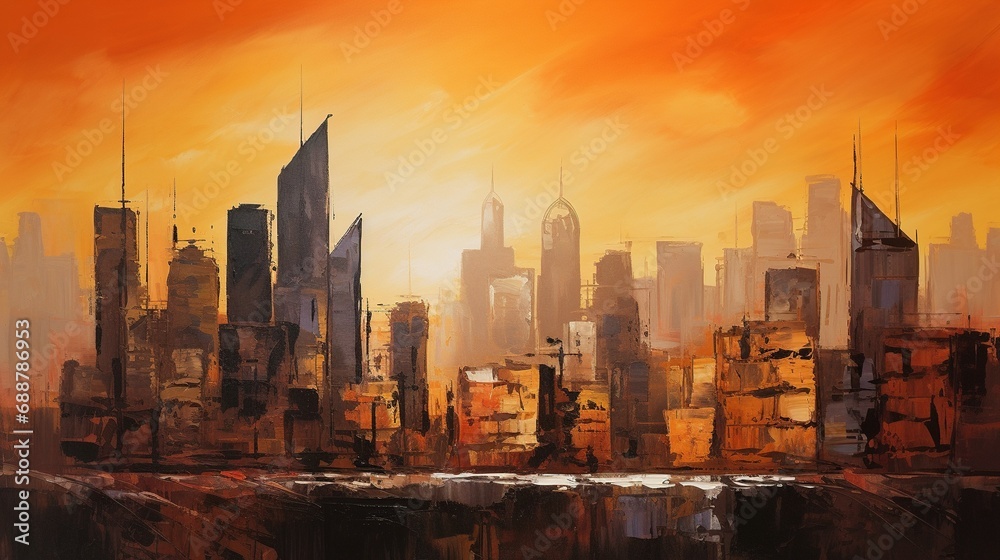 A realistic city skyline during sunset, with warm hues painting the horizon, casting long shadows across the streets and accentuating the architectural details of iconic buildings
