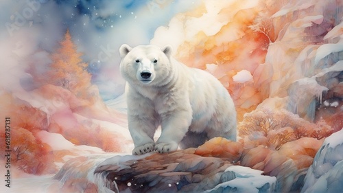 watercolor polar bear in magic colorful winter photo