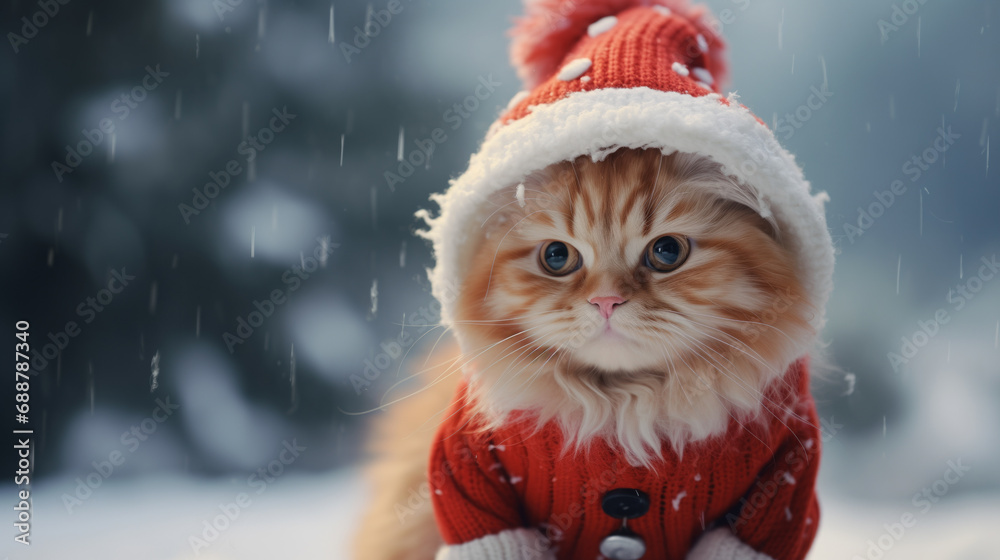 Beautiful cat in a Santa Claus costume against a background of snow Beautiful cat in a Santa Claus costume against a background of snow