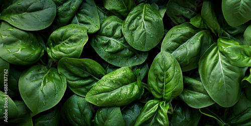 Fresh green spinach leaves, with water drops over it, closeup macro detail banner. Generative AI