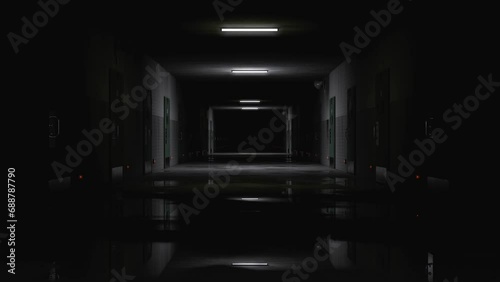 Camera passing by empty prison corridor with flickering lights . Wet floor, locked doors, brick walls and megaphones hanging on the walls. 3d render. Seamless loop.