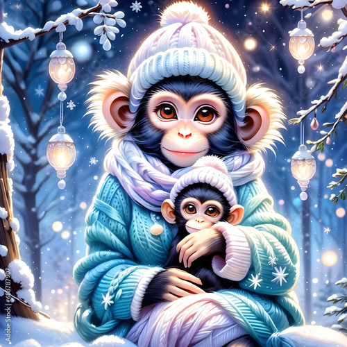 Fantasy's cutest fluffiest pair of lady monkeys wears warm clothes and a knitted hat sitting. They are so cute and fluffy that you can't help but love them! Their warm clothes and hat keep them cozy i