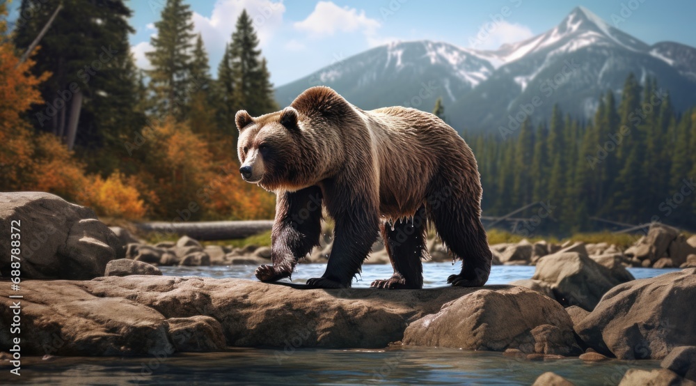 one grizzly bear walks across rocks in a stream one grizzly bear walks across rocks in a stream