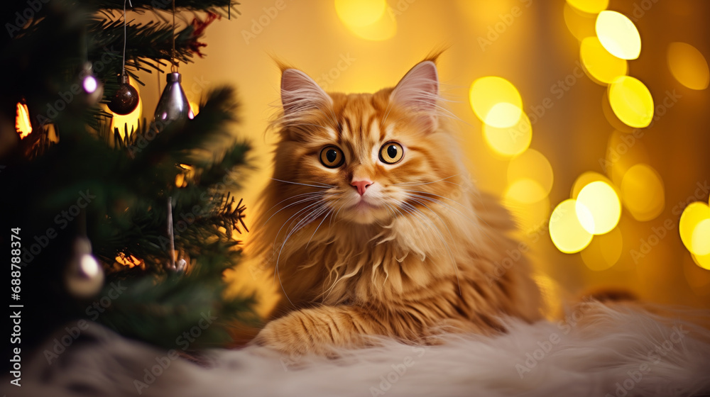 Beautiful domestic cat near the Christmas tree on the eve of the holiday