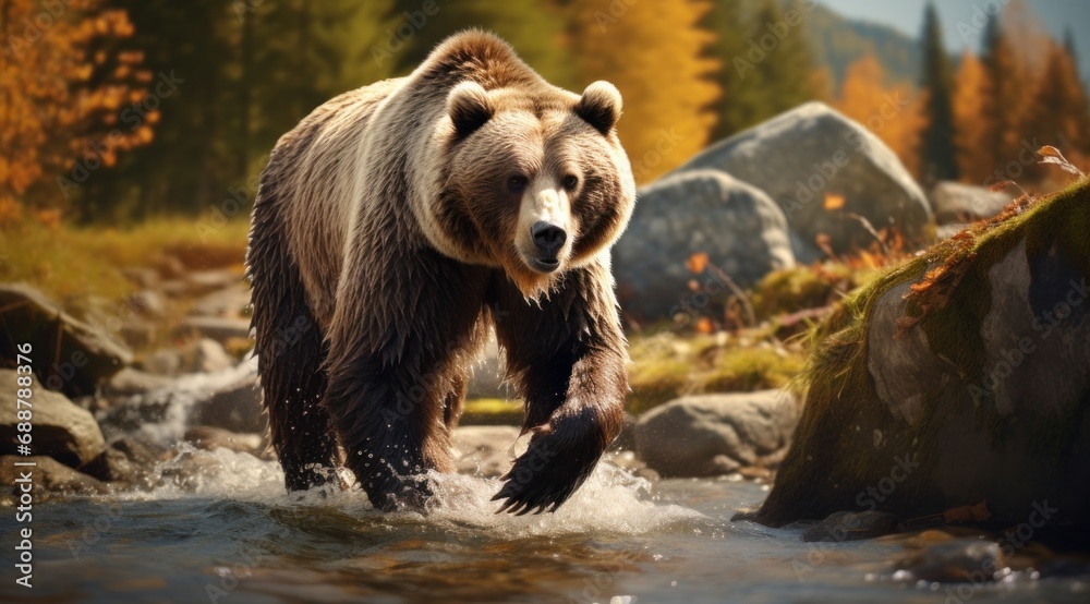 Fototapeta premium one grizzly bear walks across rocks in a stream