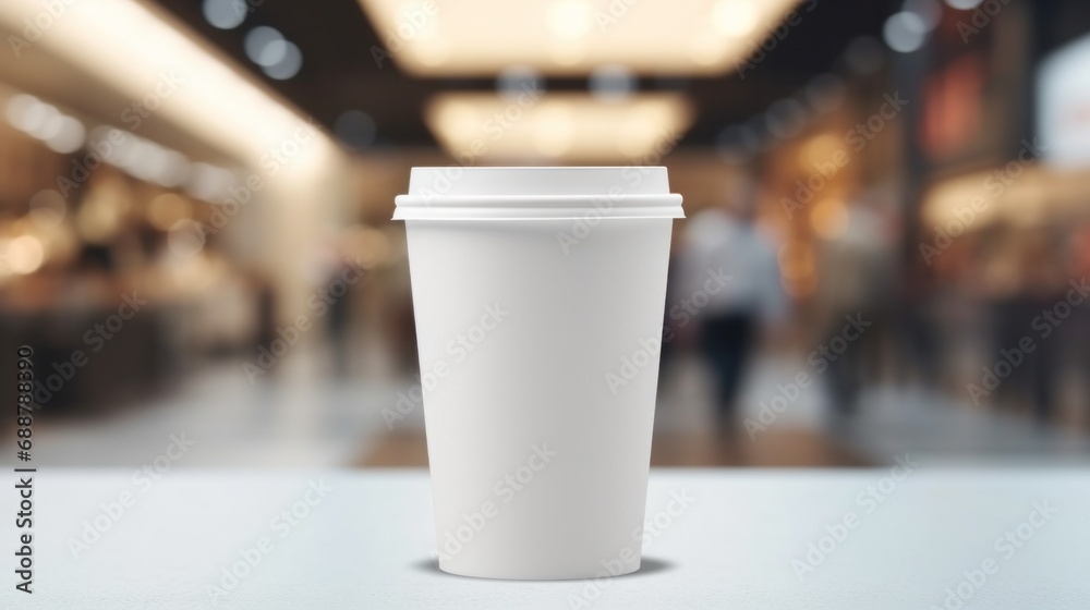 paper coffee cup with blank front, realistic on a mockup template in a luxury restaurant paper coffee cup with blank front, realistic on a mockup template in a luxury restaurant