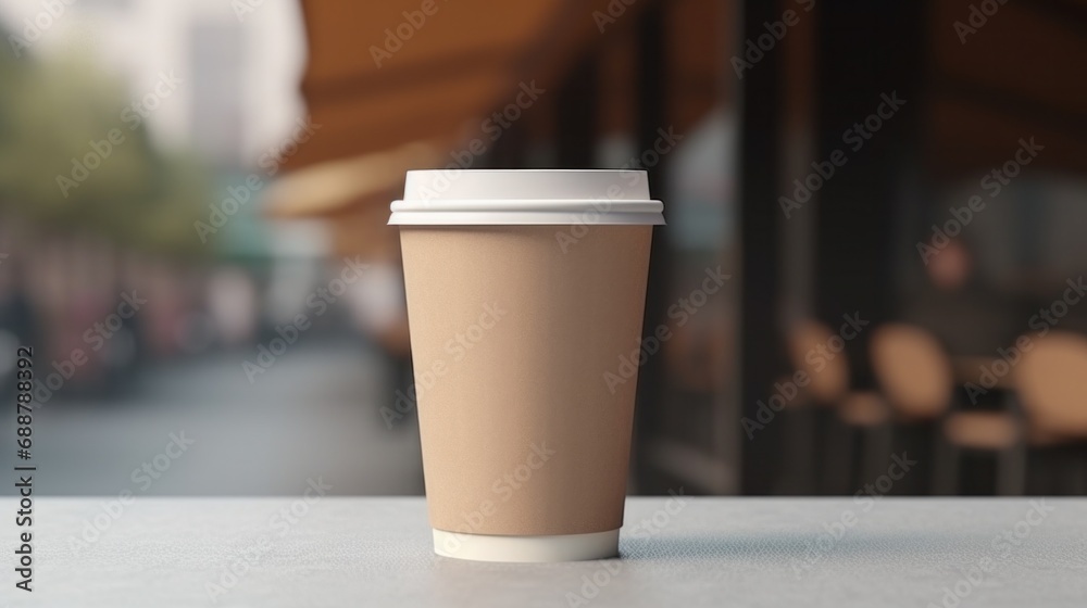 paper coffee cup with blank front, realistic on a mockup template in a luxury restaurant