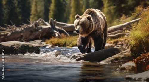 one grizzly bear walks across rocks in a stream photo