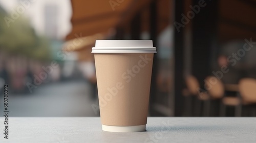 paper coffee cup with blank front, realistic on a mockup template in a luxury restaurant
