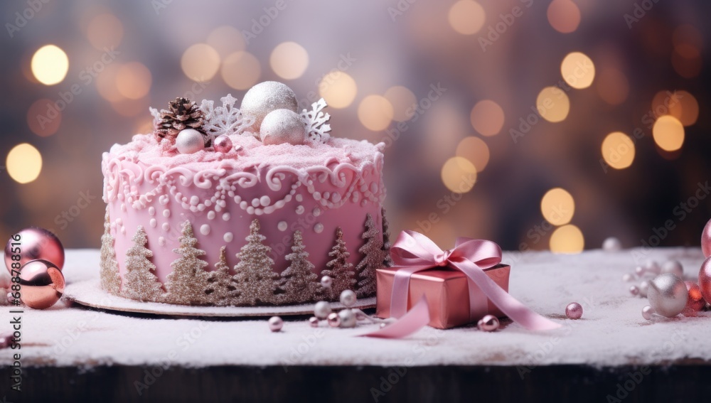 pink christmas cake with christmas decorations and lights, pink christmas cake with christmas decorations and lights,