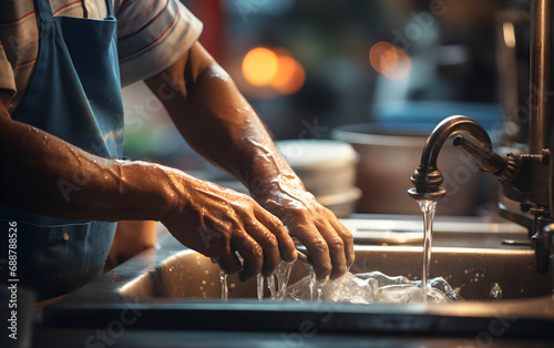 Trabajador latino lavando platos en una cocina de restaurante photo