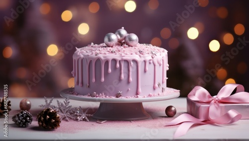 pink christmas cake with christmas decorations and lights,