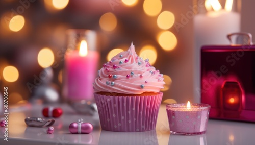 pink christmas cupcake next to an electronic fire place as christmas lights,