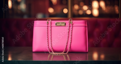 pink purse with chain and clasp on the table,