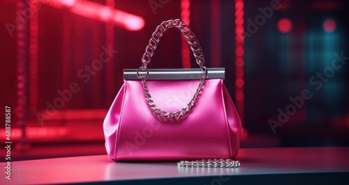 pink purse with chain and clasp on the table,