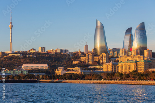 Panoramic view from seaside of Baku city  the capital of Azerbaijan
