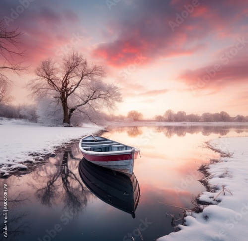 red boat on water while snow hits the shore,