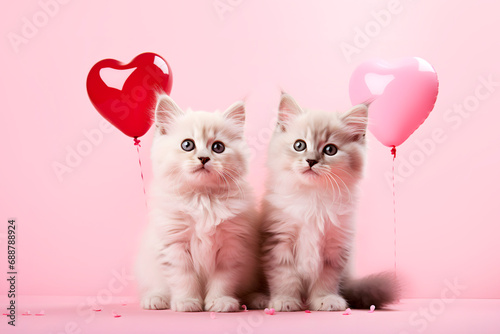 Couple of kittens with heart-shaped balloons on pink background. AI generated © svitlini
