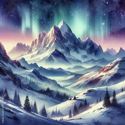 冬の雪山の美しい夜景と雪景色、満点の星空、背景、風景、生成AIイラスト © yoru1