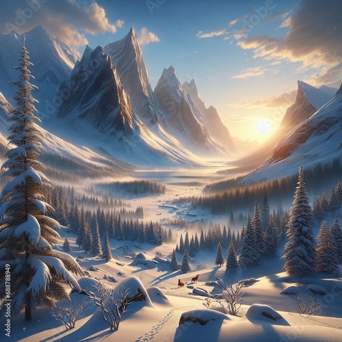 冬の雪山の美しい雪景色、背景、風景、生成AIイラスト photo