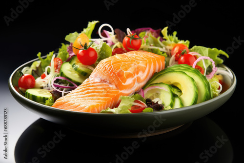Salmon salad with green leaves, avocado, tomato and cucumber on black background.