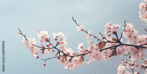 spring flowers and buds on a cherry tree against a sky blue background,