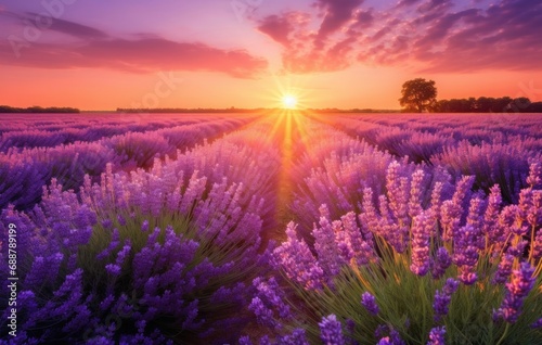 sunrise sun over lavender field in summer 