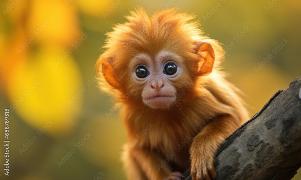 a baby golden tamarin monkey in its natural habitat - obrazy, fototapety, plakaty 