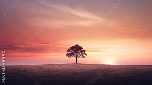 Serene Minimal Landscape with Lone Tree at Sunset