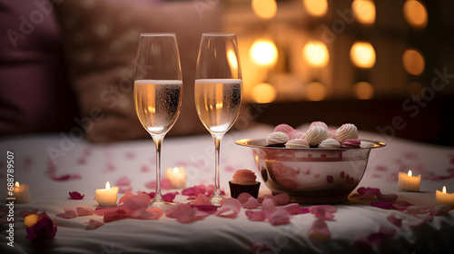 Petals on a bed, glasses of champagne and Valentine's Day sweets in a room. Romantic and intimate atmosphere.