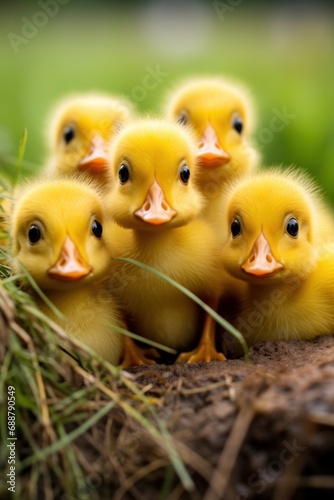 yellow ducklings peering curiously at the camera in a grassy terrain