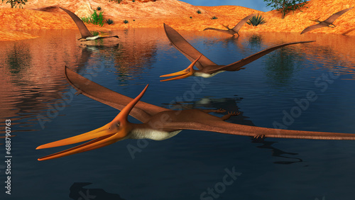 Pteranodon reptiles searching for food in a lake. photo