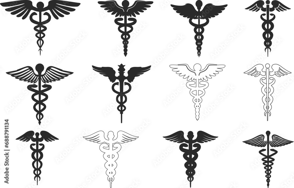 Caduceus symbol silhouette, Caduceus symbol svg, Medical symbol silhouette, Medical symbol svg, Caduceus symbol clipart, Caduceus Medical symbol silhouette. - obrazy, fototapety, plakaty 