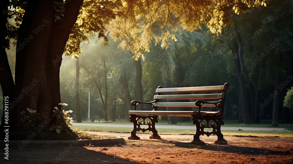 Serene Autumn Morning in a Beautiful Park with a Wooden Bench and Colorful Trees