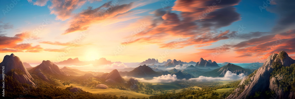 Mountain Sunrise of a natural scenic panorama featuring a breathtaking sunrise over majestic mountains.