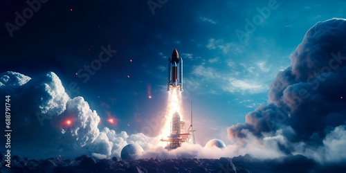 rocket starting its space exploration mission, with the starry sky as a backdrop.
