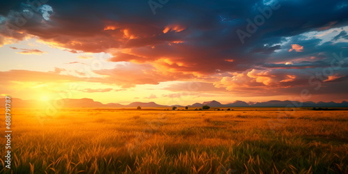The warm hues of the sunset over the vast plains create a serene and expansive scene. photo