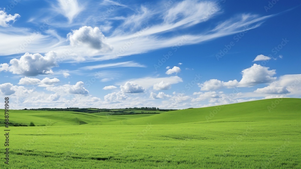 Obraz premium the green fields of the countryside under a blue sky
